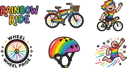 Fototapeta premium Rainbow ride lettering color bike helmet and happy kids cycling and running