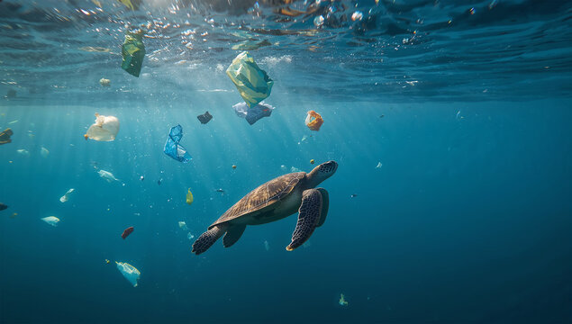 海中ごみの近くを泳ぐウミガメが海洋被害を訴える環境写真