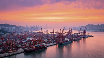 Fototapeta premium Vibrant port at sunset with industrial cranes and city skyline in the background