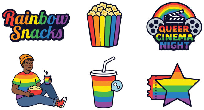 Rainbow snacks lettering popcorn soda and queer cinema night icons vector art