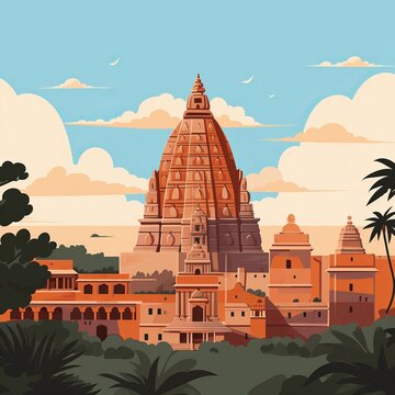 Bodh Gaya&rsquo;s Mahabodhi Temple rises majestically amidst lush greenery, showcasing intricate architecture, serene skies, spiritual significance.