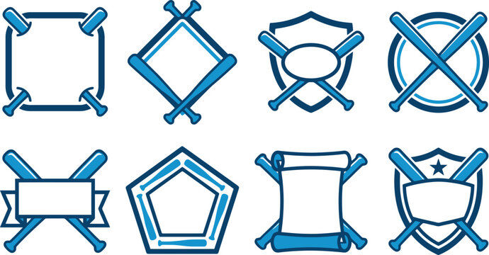 Baseball logo templates with crossed bats, blue sports emblem set of 8 vector icons, athletic shield and ribbon frames for team branding