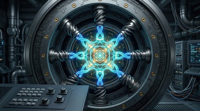 Futuristic mechanical device with glowing blue energy conduits and intricate geometric patterns