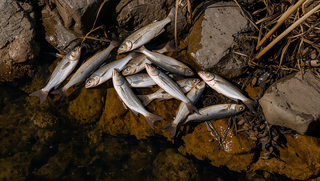 油膜の浮く水辺で魚が大量死した事故性汚染を示す環境写真