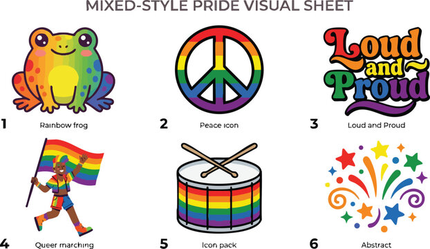 Rainbow frog peace icon loud and proud queer marching with flag drum and abstract stars