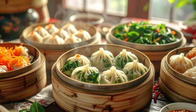 Steamed Vegetable Dumplings Served in Bamboo Steamer Baskets, Ready to Enjoy