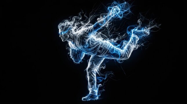 Dynamic smoke baseball pitcher throwing fastball. Energetic athlete in powerful action, blue light, dark background.