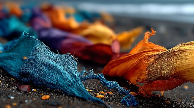 Beautiful close-up of multicolored fabric flowing gently across the beach with sandy texture images illustration