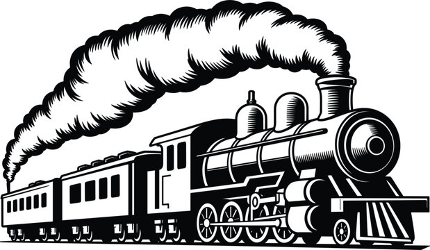 Steam locomotive train with smoke, vintage railway engine transport for travel and industrial transportation themes