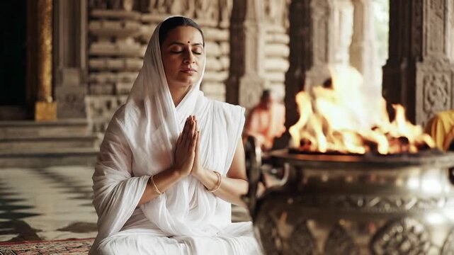 Woman in white sari meditating with hands pressed together in prayer beside a sacred fire, temple interior, peaceful spiritual ritual