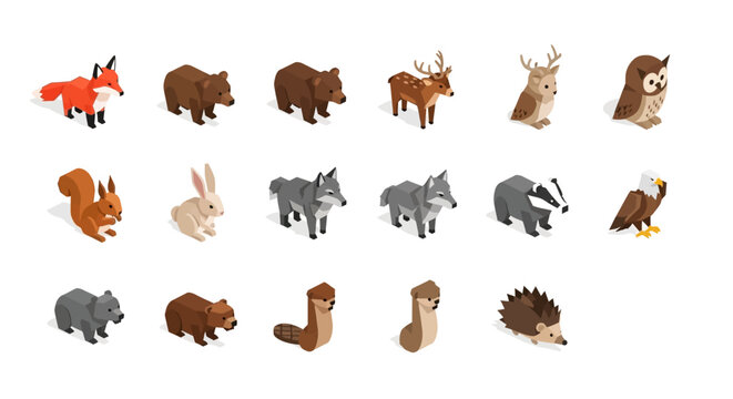 Collection of Forest Animals in Isometric Style.