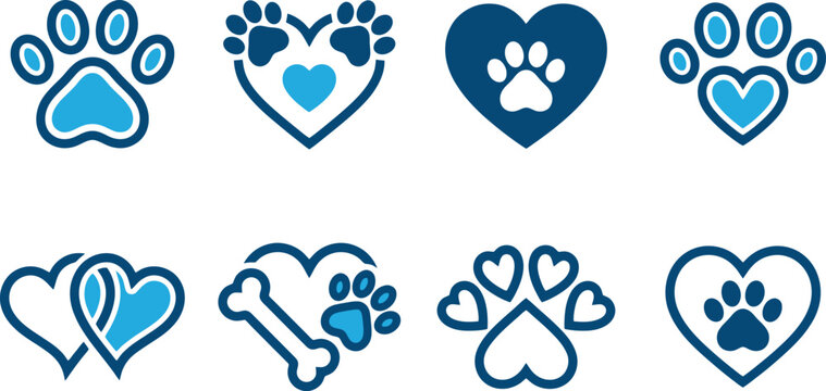 Pet paw print and heart icons set, blue animal lover vector elements, dog and cat paw with heart symbols, veterinary and rescue logo graphics