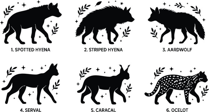 Black silhouette spotted hyena striped hyena aardwolf serval caracal ocelot animal set with stars and leaves