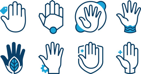 Fototapeta premium Minimalist hand icons set, 8 blue line art hand symbols for business and technology, palm gestures for hygiene and eco-friendly concepts