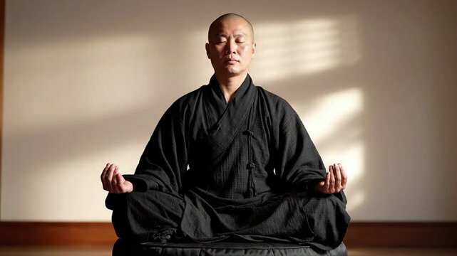 Man meditating in traditional black robes, serene peaceful atmosphere, mindful practice, deep breathing, calm focus, zen lifestyle, spiritual enlightenment, inner peace, quiet contemplation