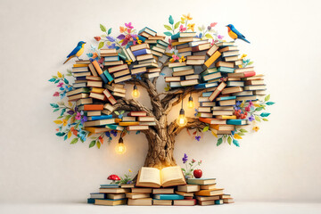 Fototapeta premium Book tree formation stands as a whimsical metaphor for knowledge growth, featuring colorful volumes with glowing light bulbs and small avian creatures perched on lush.