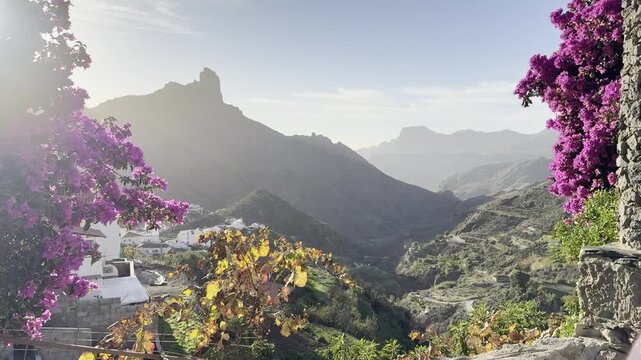 Colorful blooming flowers framing the dramatic mountain peak above Tejeda village in Gran Canaria, Canary Islands, Spain.