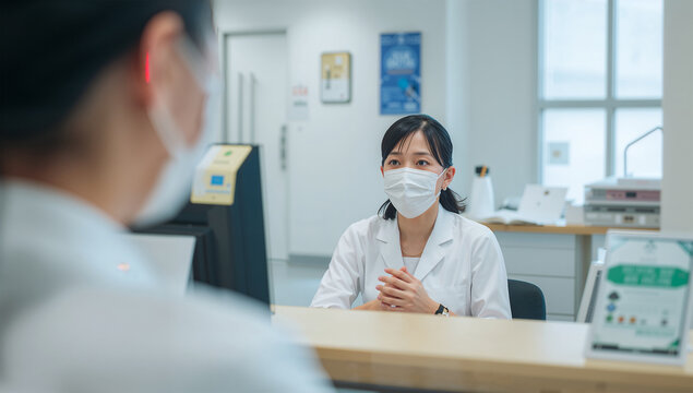 院内窓口で来院者に案内対応を行う日本人女性スタッフの接遇シーン