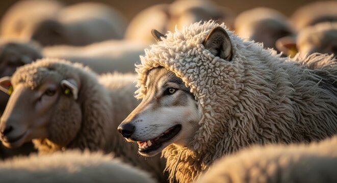 A wolf in sheep's clothing standing among a flock, representing false leaders, deception, and hidden danger. Conceptual image of betrayal and manipulation for personal gain in a group setting