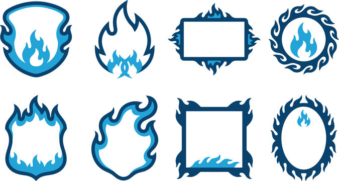 Blue fire flame icons and border frames set, 8 vector graphic elements, burning gas fire shield and circle labels for gaming and sports logos