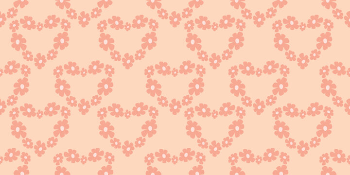 Seamless cute pattern with hearts and pink daisy flowers on pastel background. Aesthetic coquette and preppy style design for textile, wallpaper and packaging.