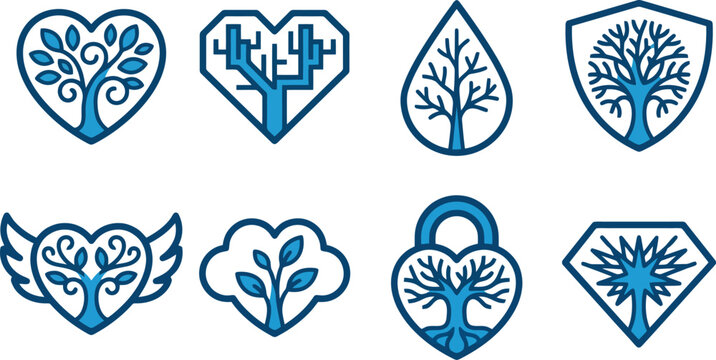 Acht verschiedene Logos mit stilisierten B&auml;umen in blauen und wei&szlig;en Formen wie Herzen, Schildern und Tropfen.