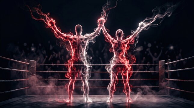 Victorious male, female boxers celebrate win, arms raised on dark smoky boxing ring. United strength.