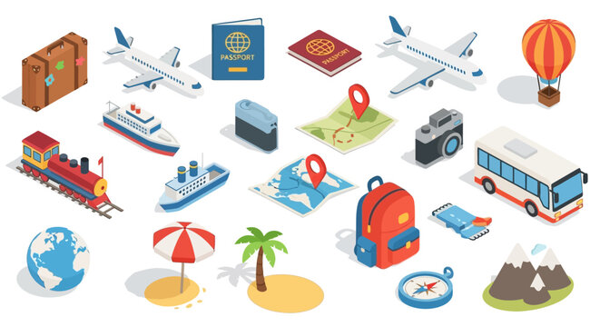 Collection of Isometric Travel and Transportation Icons.