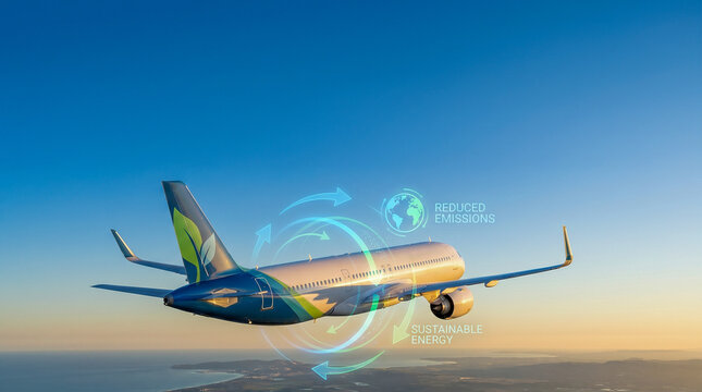 Avi&oacute;n comercial moderno despegando con cielo limpio y overlay sutil de gr&aacute;ficos digitales de emisiones reducidas y energ&iacute;a sostenible, estilo limpio, luz natural, composici&oacute;n publicitaria con copy spa