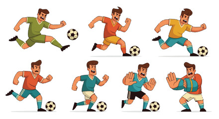 Soccer players kicking and blocking ball cartoon illustration set © Arisa