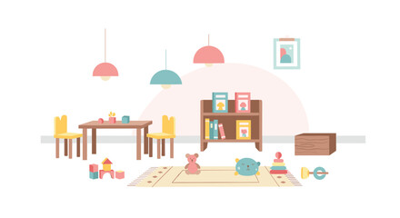 Fototapeta premium A cozy and well-organized children's playroom features a wooden table with yellow chairs, a filled bookshelf, and soft toys resting on a patterned rug.