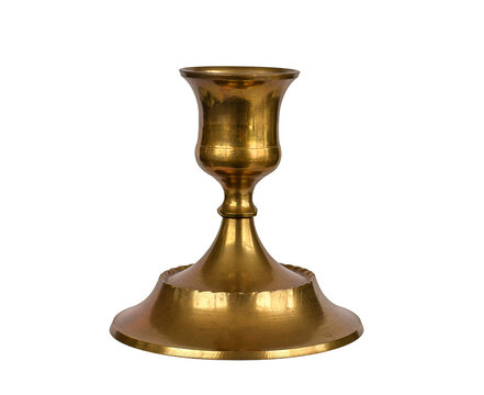Old vintage solid brass candle holder isolated cutout on transparent background. Classic decorative candlestick with aged patina, ideal for design, mockup, and compositing use.