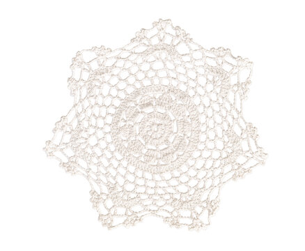 Vintage handmade white ornate crochet doily isolated cutout on transparent background. Delicate lace pattern textile ideal for design, overlay, and compositing use.