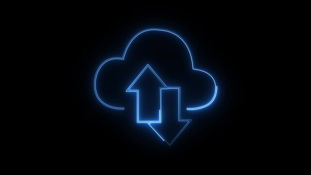 Neon glowing digital cloud icon, data transfer animation. cloud storage with arrows icon animation on the black background. Cloud space and technology, data backup .4k video animation.