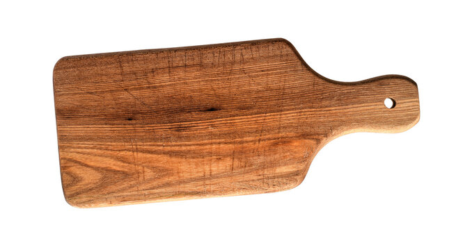 Top down view of rustic empty wooden cutting board isolated cutout on transparent background. Natural wood texture with visible grain, ideal for food design or mockup