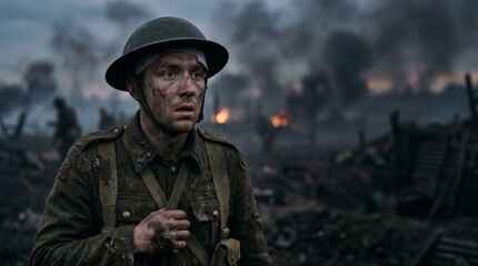 Fototapeta premium Wounded soldier in historical uniform standing on battlefield with smoke and fire, war concept and dramatic cinematic scene