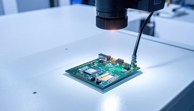 Close-Up View of a Circuit Board with Inspection Equipment and Light