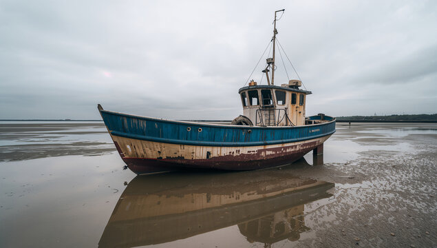 潮の引いた港の端で静かに残された古い小舟の寂しい風景