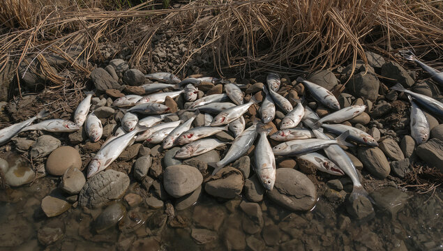 水質汚染による魚の大量死を報道向けに捉えた環境写真