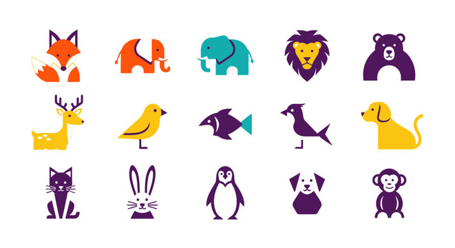 Collection of stylized animal icons in flat design style.