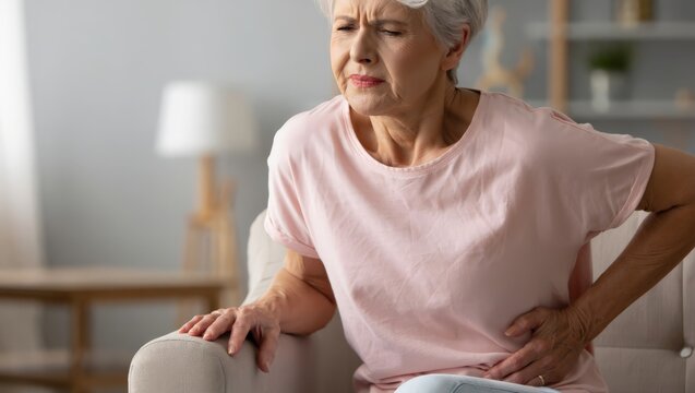 An elderly woman experiencing stomach pain while sitting on a couch in a living room with a lamp, table, and shelf in the background.