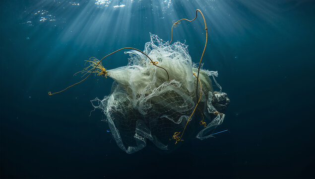 海中を漂う漁網ごみが海洋生態系への危険を示す環境写真