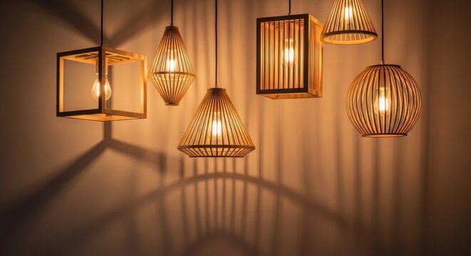 warmly lit woven pendant lights and lampshades hanging on wall