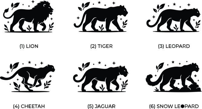 Black silhouette animal vector art of lion tiger leopard cheetah jaguar and snow leopard