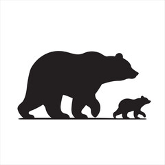 Fototapeta premium Bear walking with cub trailing behind vector silhouette line art concept logo design idea illustration