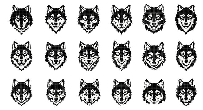 Collection of stylized wolf head icons with detailed fur textures and intense gaze presented in a grid layout for graphic design and branding projects vector art
