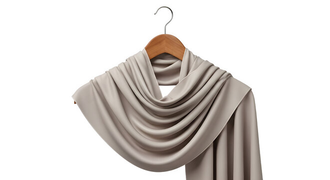 Elegant beige cashmere scarf draped on a wooden hanger, isolated on white background, textile fashion vector illustration