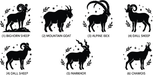 Obraz premium Black silhouette bighorn sheep mountain goat alpine ibex dall sheep markhor and chamois vector art