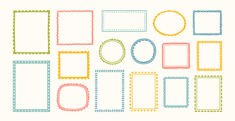 Set of hand drawn colorful boho frames in different shapes. Decorative doodle frames. Minimal trendy border for wedding invitation, postal stamp, birthday, poster, banner. Vector illustration. © Anna Bova