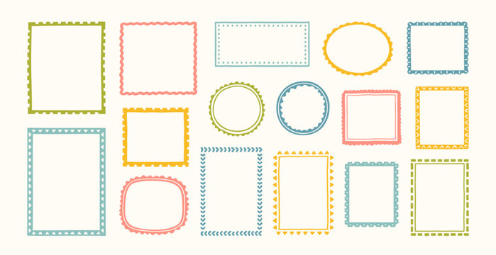 Set of hand drawn colorful boho frames in different shapes. Decorative doodle frames. Minimal trendy border for wedding invitation, postal stamp, birthday, poster, banner. Vector illustration.